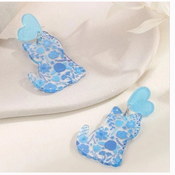 ❤️ FREE Toile Cat Kitten Animal Floral Flower Hipster Chic Glam Drop Earrings - Picture 2 of 4